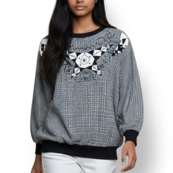 Donna Toran Tops - 4/$20 Vintage Donna Toran Check Top Black White Embellished Dolman Sleeve Blouse